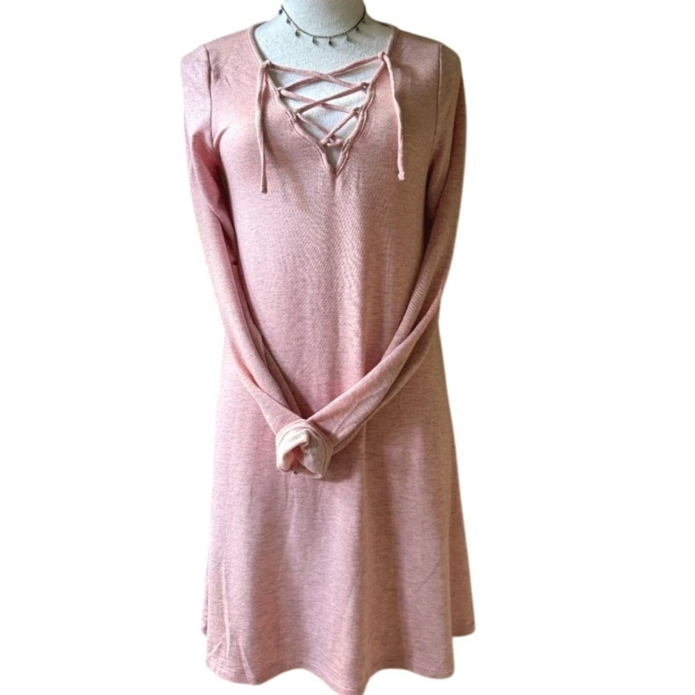 Pastel Pink Jersey Knit Lace Up Beach Cover Up Midi Dress M Summer Slub Stretch - Picture 1 of 9